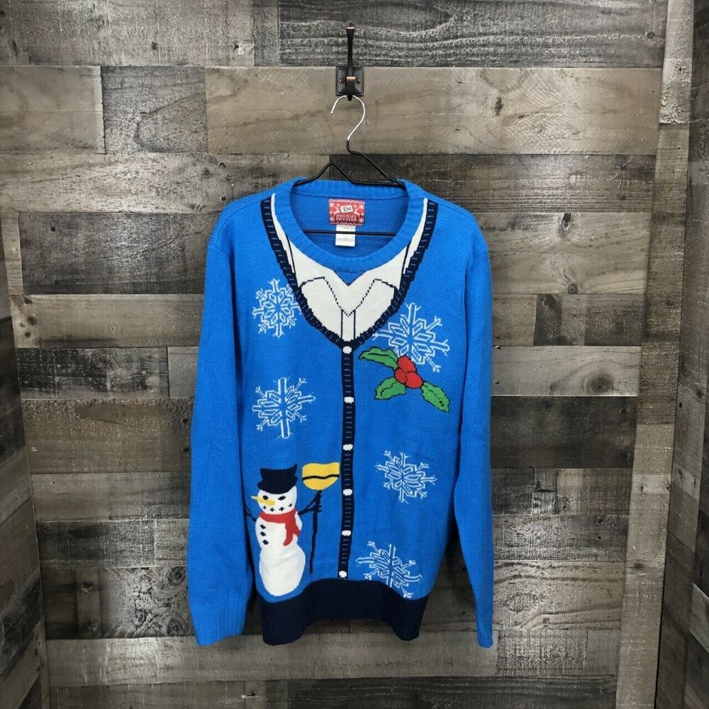 Jem Women's Faux Button Down Ugly Christmas Sweater Size XL Blue Snowman Tacky - Picture 2 of 8